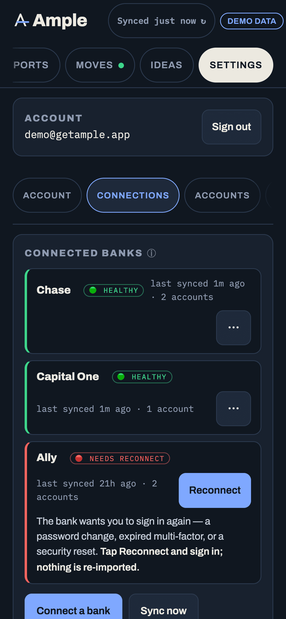 Settings › Connections listing each institution with its status and last synced time