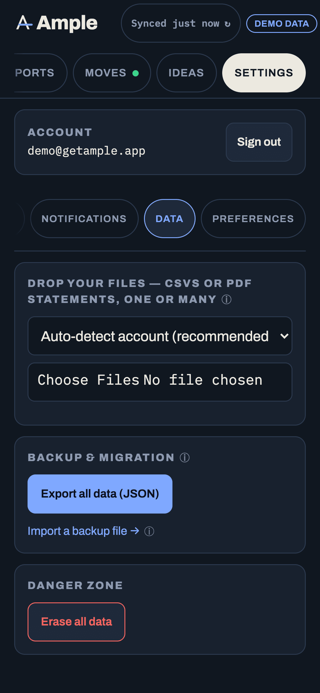 Settings › Data with Export all data, Restore from a file, and the danger zone