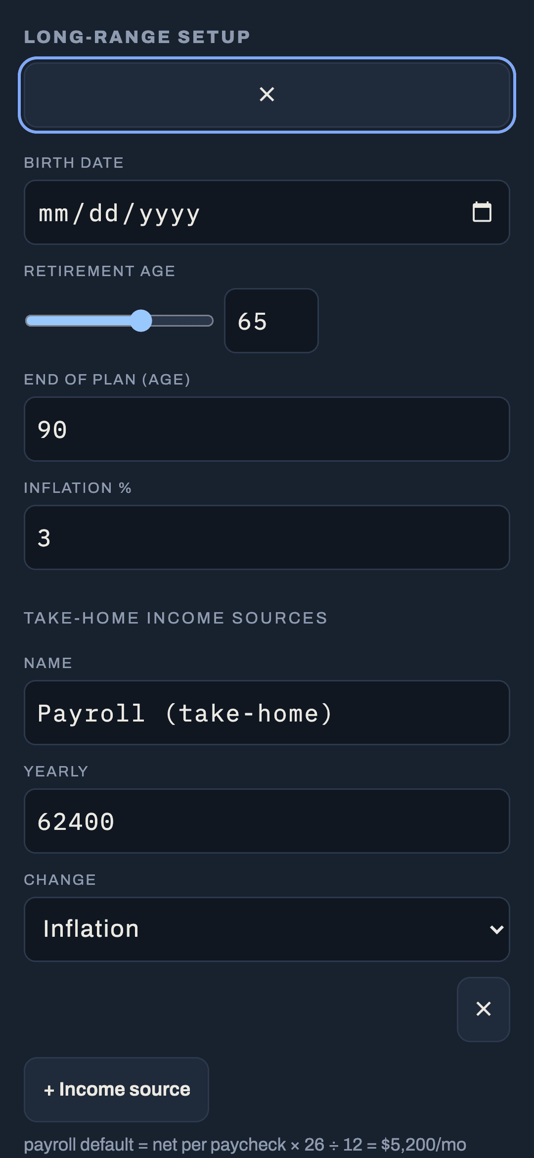 The long-range chart with a net worth line, event markers, stats bar and scenario pills