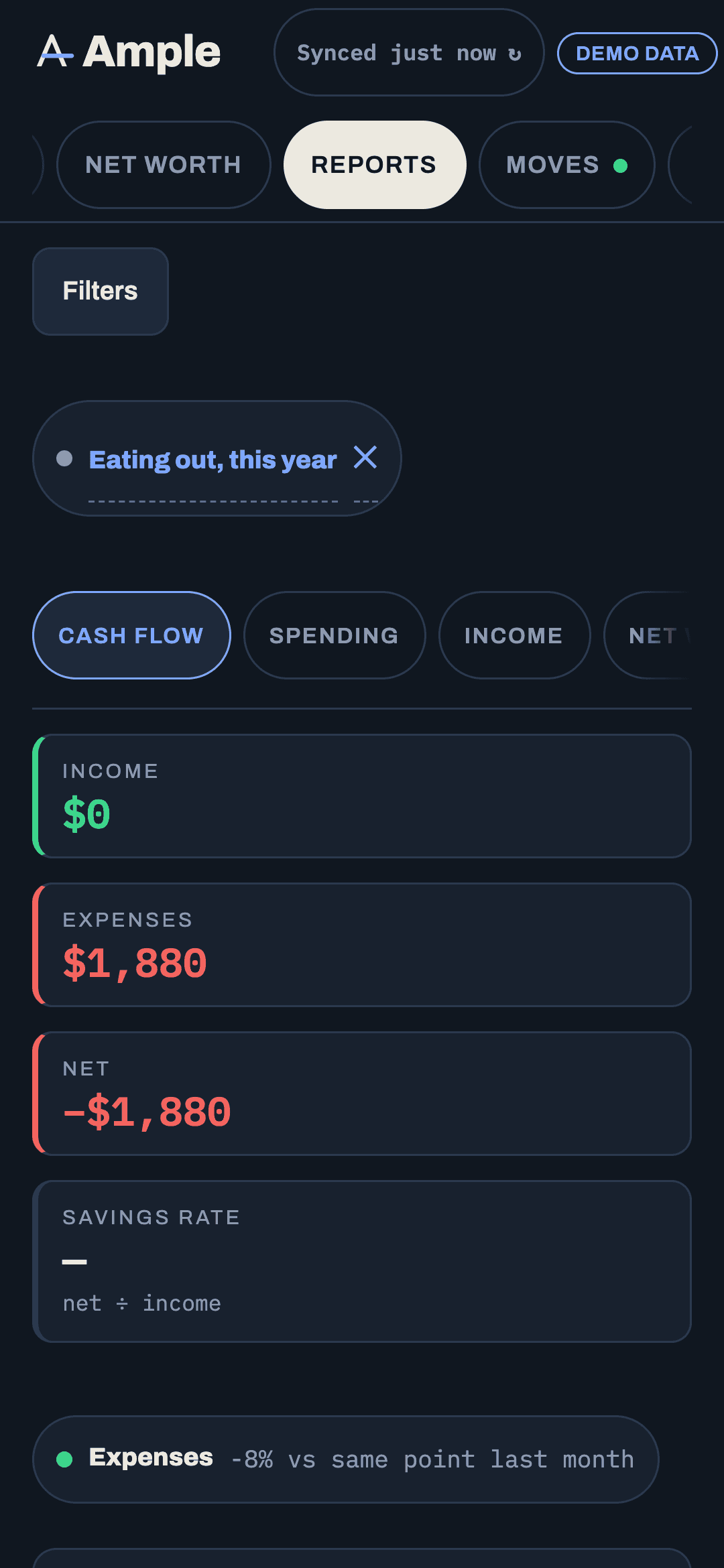 The cash-flow Sankey from income sources through buckets and groups to categories, with the filtered list below